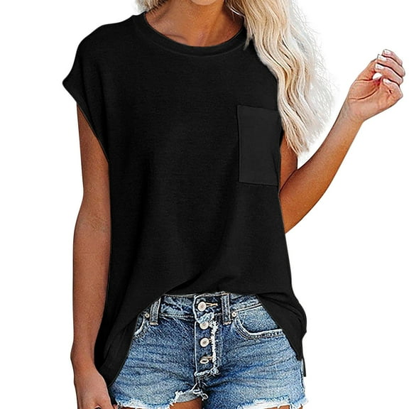 ZHENHONG T Shirts for Women,Casual Solid Color Short Sleeve Tshirt Crew Neck Loose Breathable Pocket Tees,Black Women Blouses