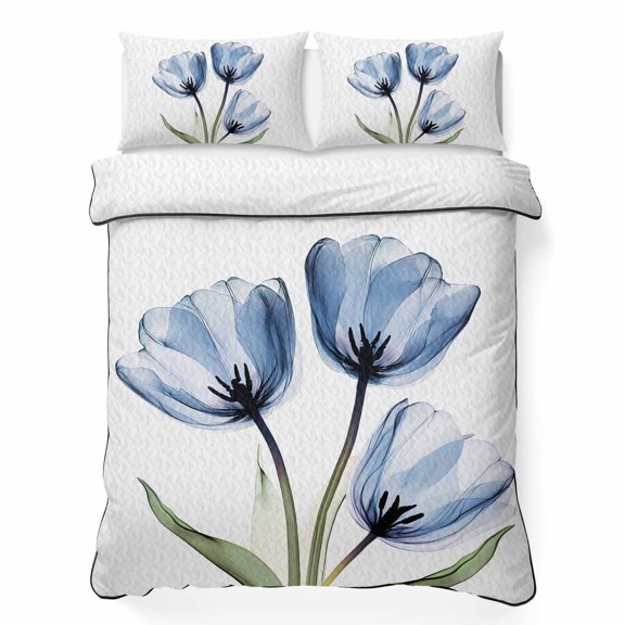 Blue Tulip 3 Piece Quilt Bedding Set with 2 Pillow Shams, Flower Farmhouse Lightweight Bedspread Coverlet, Soft Breathable All Season Quilt, 96 x 106 Inch