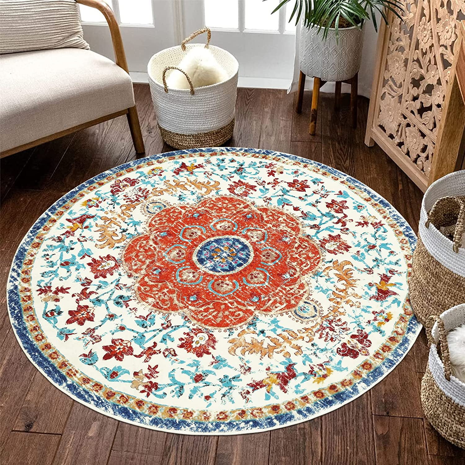 Findosom 5.25'Round Area Rug,Non Slip Washable Round Rug Boho Area Rug for Living Room,Bedroom,Home Decor,Office,Dining Room,Gray
