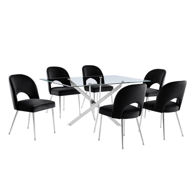 Rectangle 60" x 38" 7pc Clear Glass Dining Set with Black Chairs