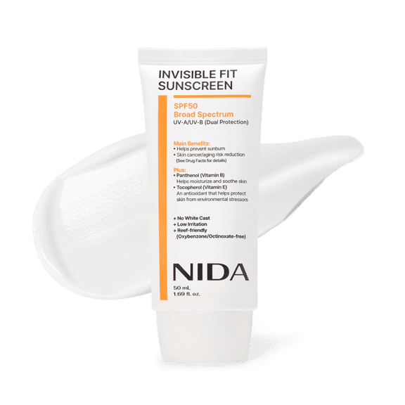 NIDA Invisible Fit Sunscreen SPF 50 Broad Spectrum UV-A/UV-B Protection | No White Cast, Low Irritation, Hydrating Lotion-like Lightweight Glow Sunscreen for All Skin Types | 1.69 fl. oz., 50ml