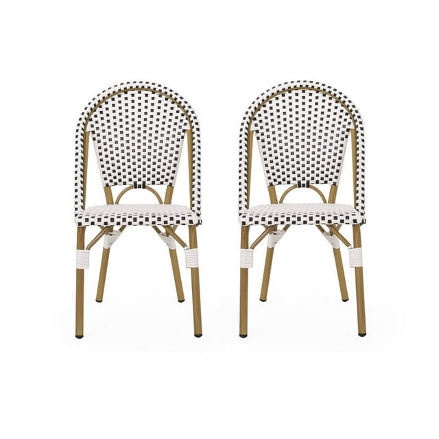 Outdoor PE Ratten and Aluminum French Bistro Chairs, Set of 2, Rusted Black & White, Bamboo Print Finish