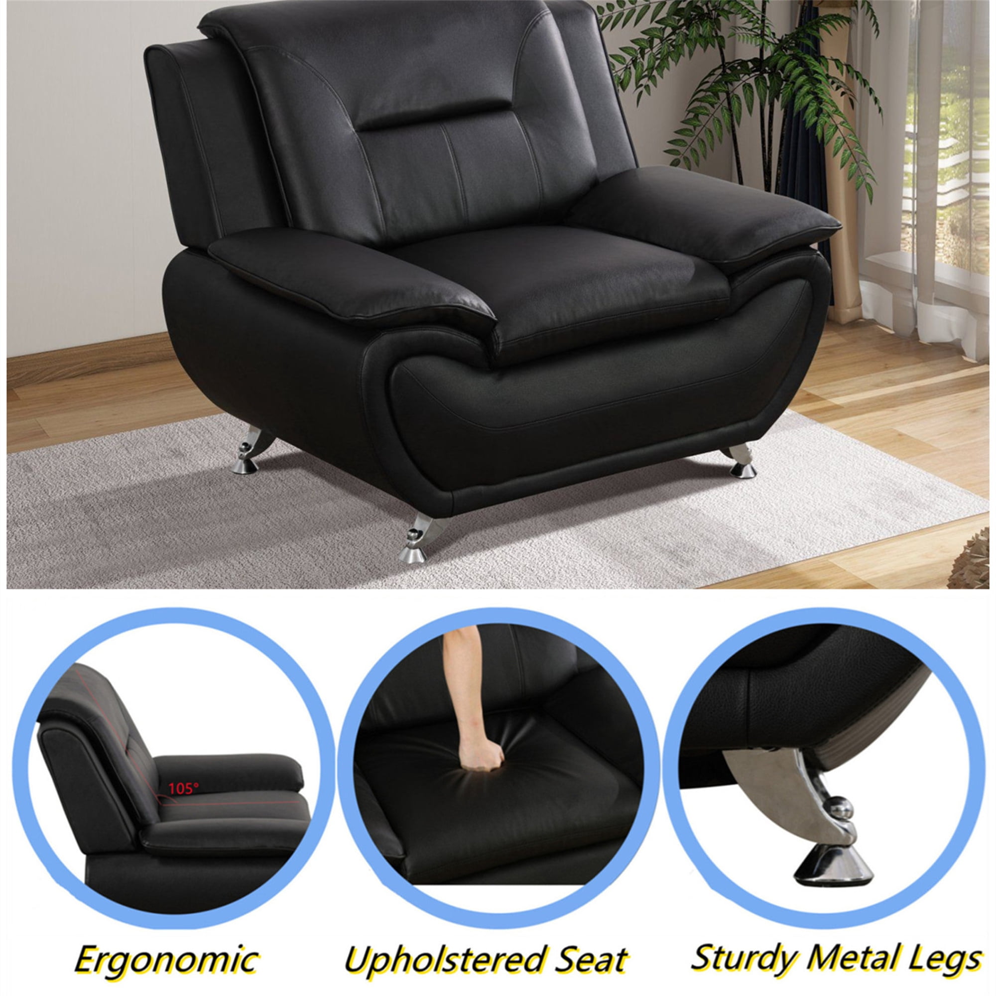Aukfa 3 Piece Sofa Set - 46" Wide Upholstered Sofa Couch Armchair, Leather, Black