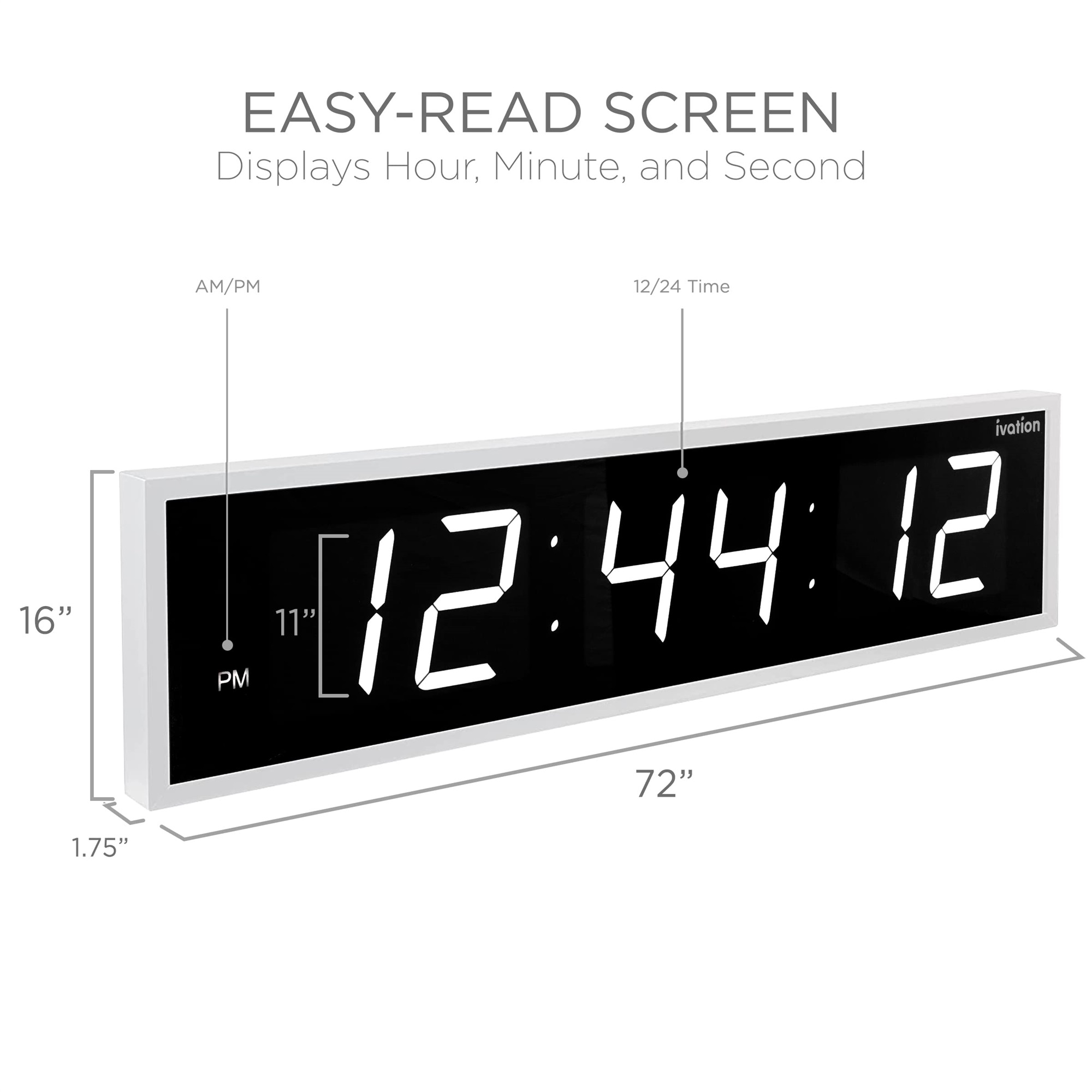 Ivation 72" LED Wall Clock with Stopwatch, Alarms, Timer, Temp & Remote
