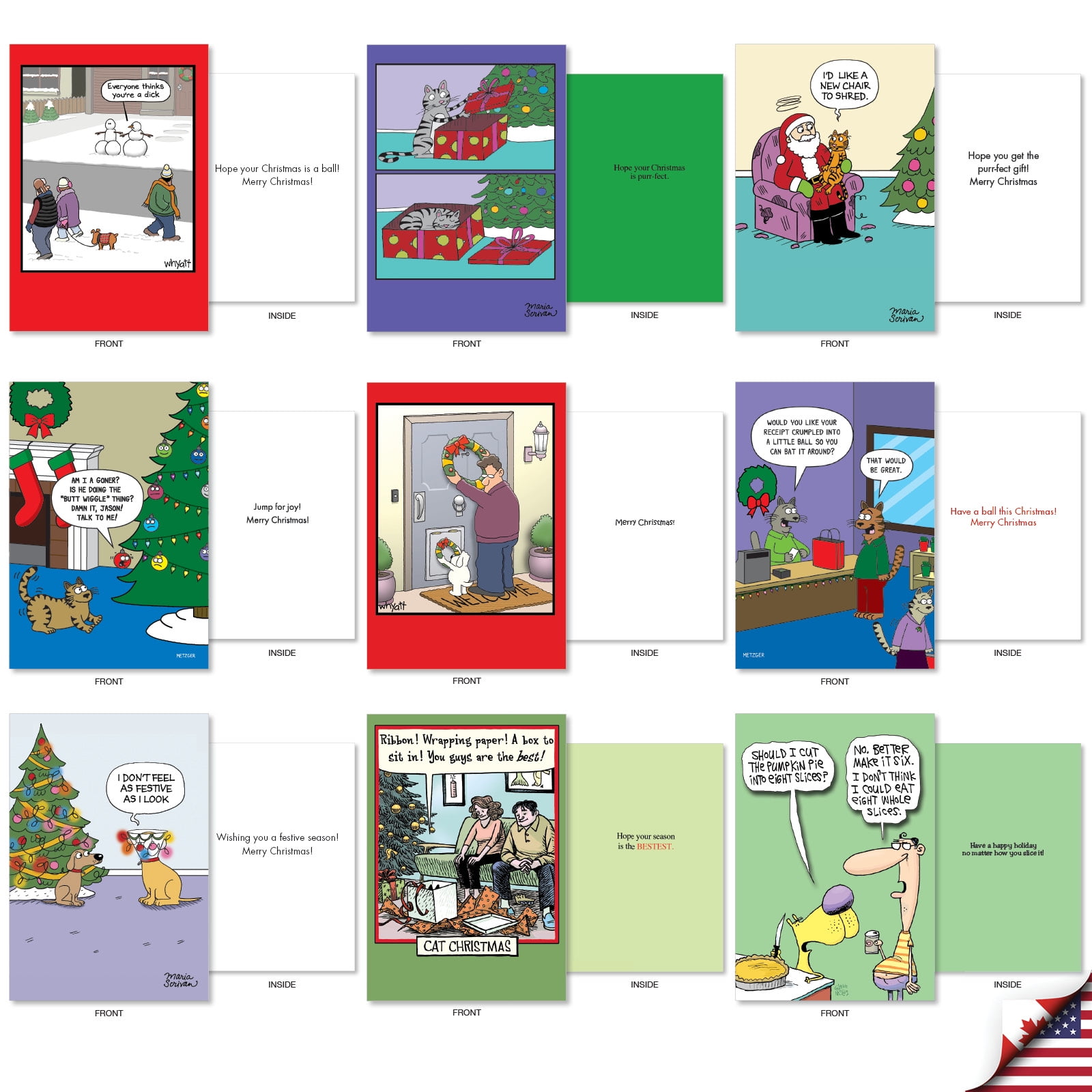 NobleWorks 36 Assorted Box Set Funny Christmas Greeting Cards w/5 x 7 Inch Envelopes (36 Designs, 1 Each) Holiday Dog And Cat Toons AC10709XSG-B1x36
