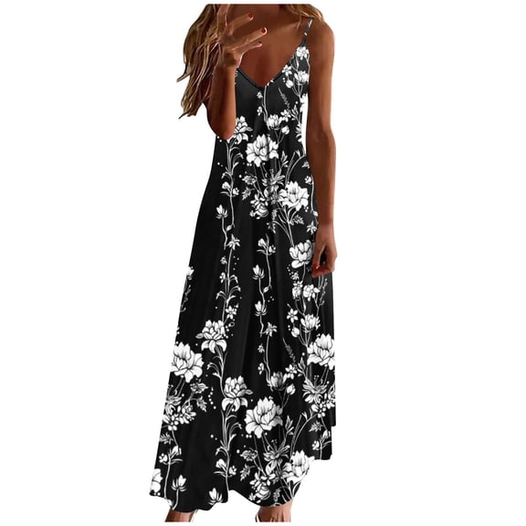 BangWanChi Maxi Dresses for Women 2024 ClearanceWomen's Sleeveless Printed Pocket Long Dress