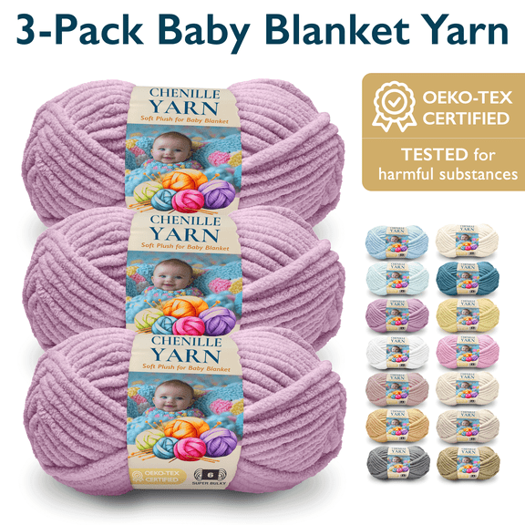 ComfiTime 3-Pack Super Bulky #6 Chenille Yarn – OEKO-TEX Certified, Soft Fluffy for Baby Blankets & Plush Toys, No Fray/Shedding, Crochet/Knitting/Amigurumi, 74 Yds/Skein, Machine Washable, Lavender