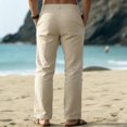 thumbnail image 4 of Men's Cotton Linen Solid Color Casual Trousers, Cuff Long Pants for Spring Summer, Casual Style and Daily Wear,Khaki,M, 4 of 4