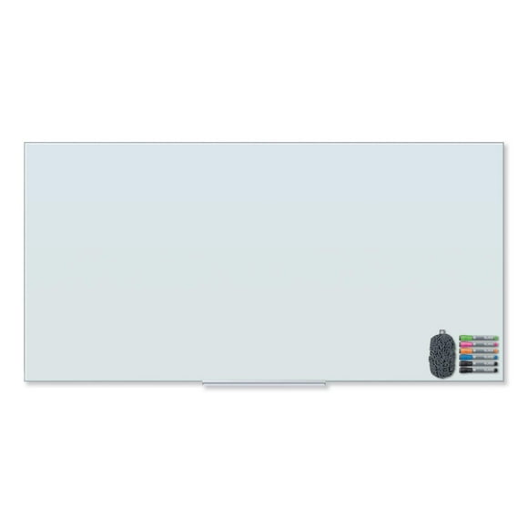 U Brands Floating Glass Dry Erase Board, Office Supplies, White, with Eraser, Markers, 18” Tray, 5mm, 35” x 70"