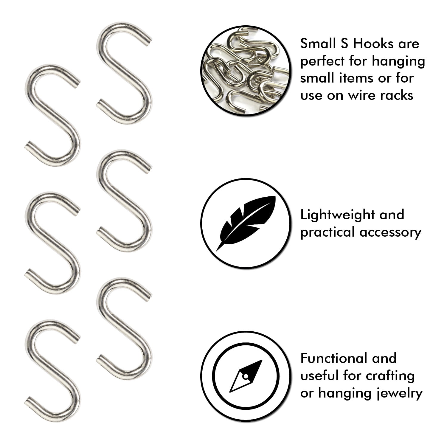Ergonflow 200pcs Stainless Steel 1 inch S Hook Connectors Mini S-Shaped Hangers Ornament for Jewelry Key Ring Chain Hardware Pet Name Tag Wood Circles