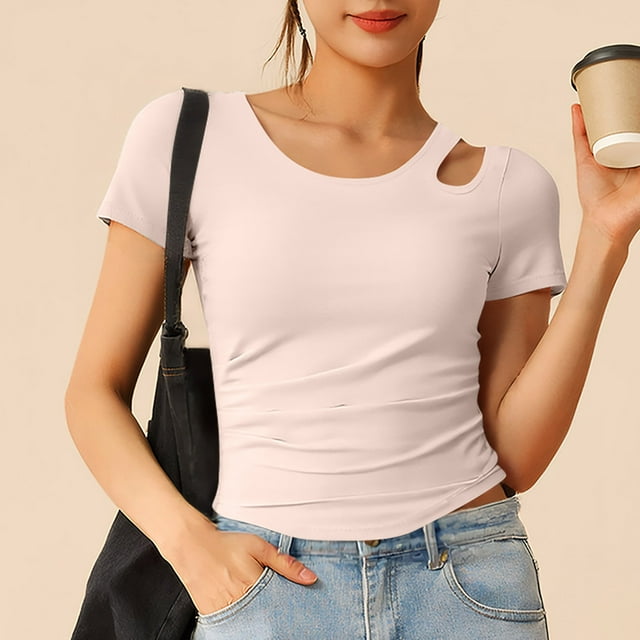 mfyjkho Tops De Tallas Grandes, Camiseta De Yoga Con Cuello Redondo Y Pliegues Para Mujer, Manga Corta, Sujetador De Uso Libre, Camiseta Deportiva De Fitness Para Mujer Tops Para Mujer M