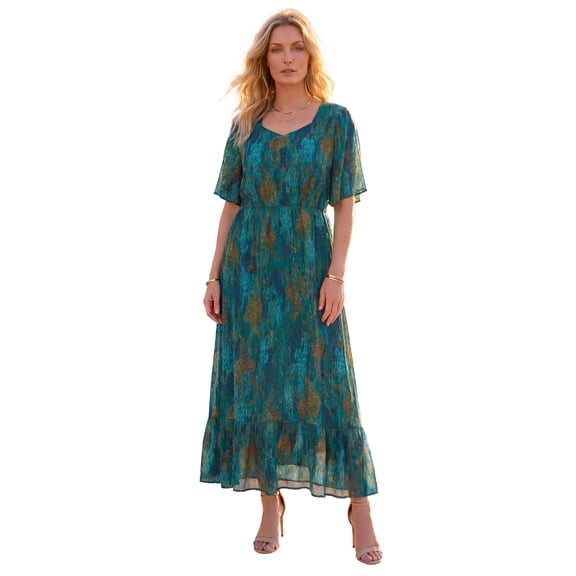 Roaman's Women's Plus Size Hand-Crinkled Flutter-Sleeve Maxi Dress