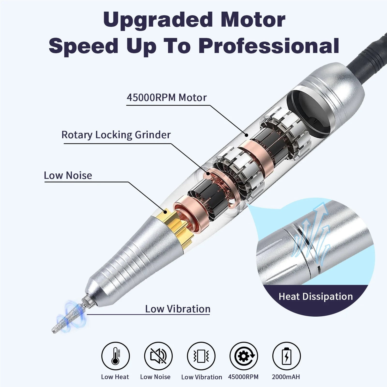 Professional Nail Drill Electric Nail File Manicure Pedicure Kit 45000RPM Portable with 6 Drill Bits for Salon and Home Use