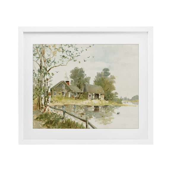 Stupell Industries Traditional Cabin Along River's Edge White Framed Print Under Glass, 16 x 13, by Lettered and Lined