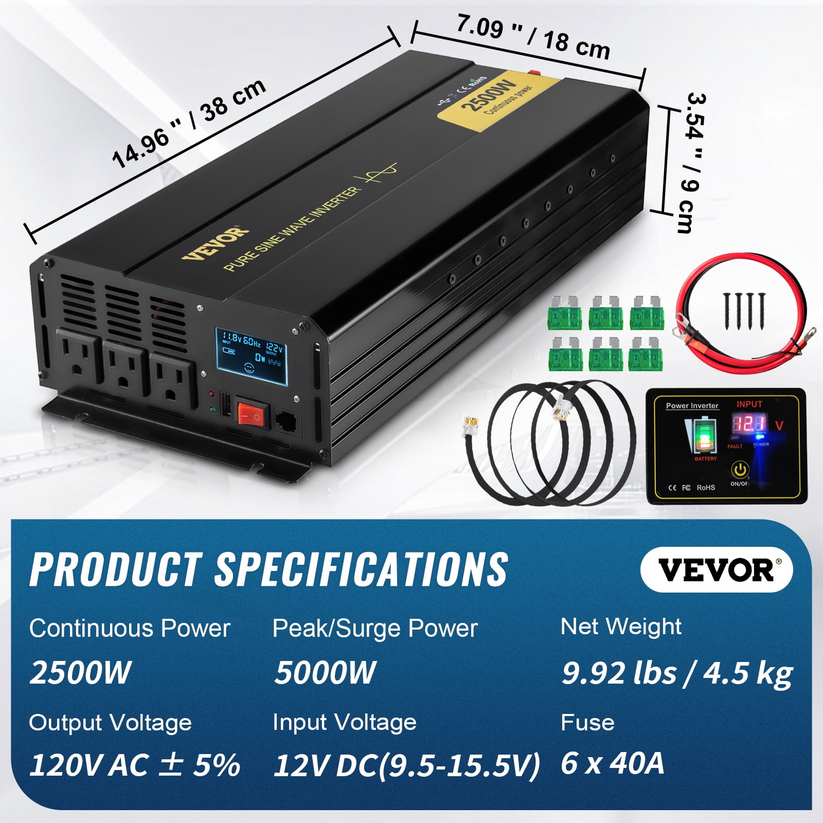 VEVOR Pure Sine Wave Inverter, 2500 Watt Power Inverter, DC 12V to AC 120V Car Inverter, with USB Port, LCD Display, and Remote Controller Power Converter, for RV Truck Car Solar System Travel