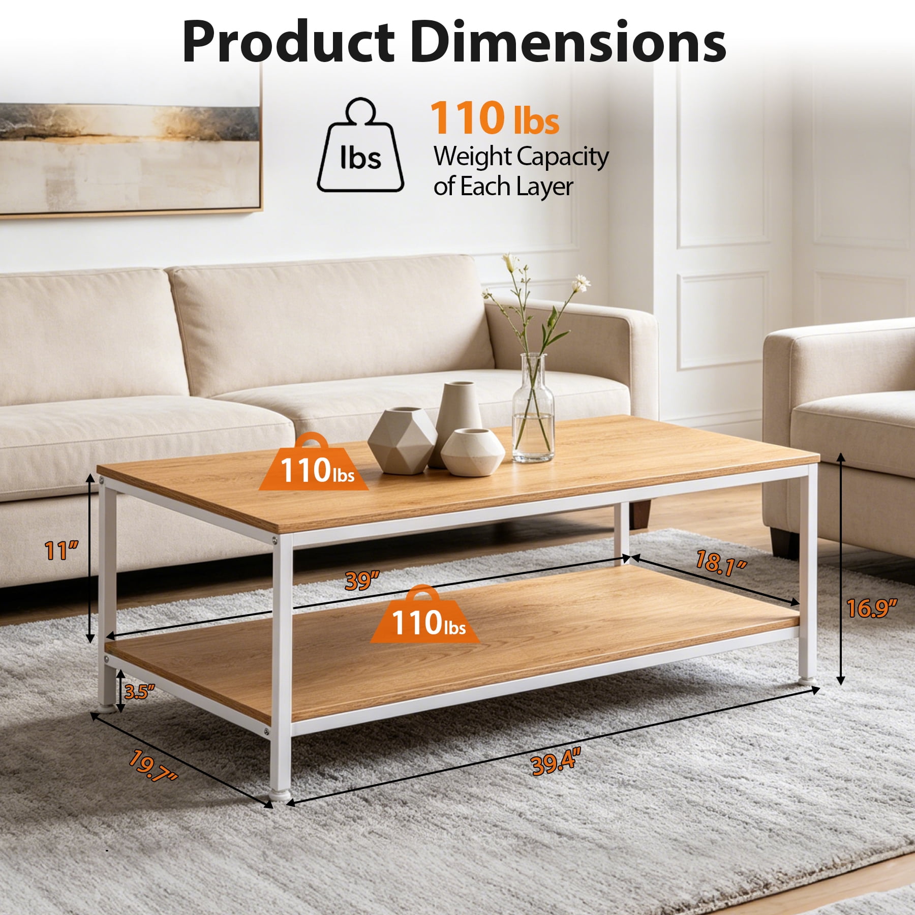 HomGarden 39.4" Modern Rectangle 2-Tier Coffee Table Wood Cocktail Table Home Office, Natural
