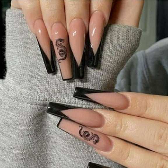 Apuakthei Glossy Coffin Extra Long Press on Nails with Designs,Nude Acrylic Nails Press on,Stick on Nails for Women,Artificial Glue on Nails,Fake Nails with Dragon Black Splicing