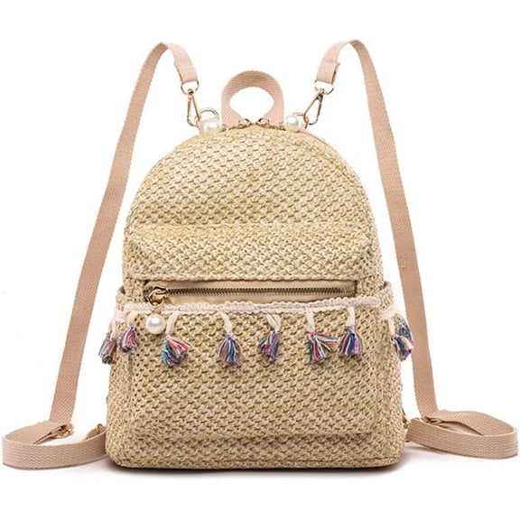 Women Small Tassels Pearl Zipper Straw Woven Backpack Daypack Convertible Cross-body Shoulder Bag