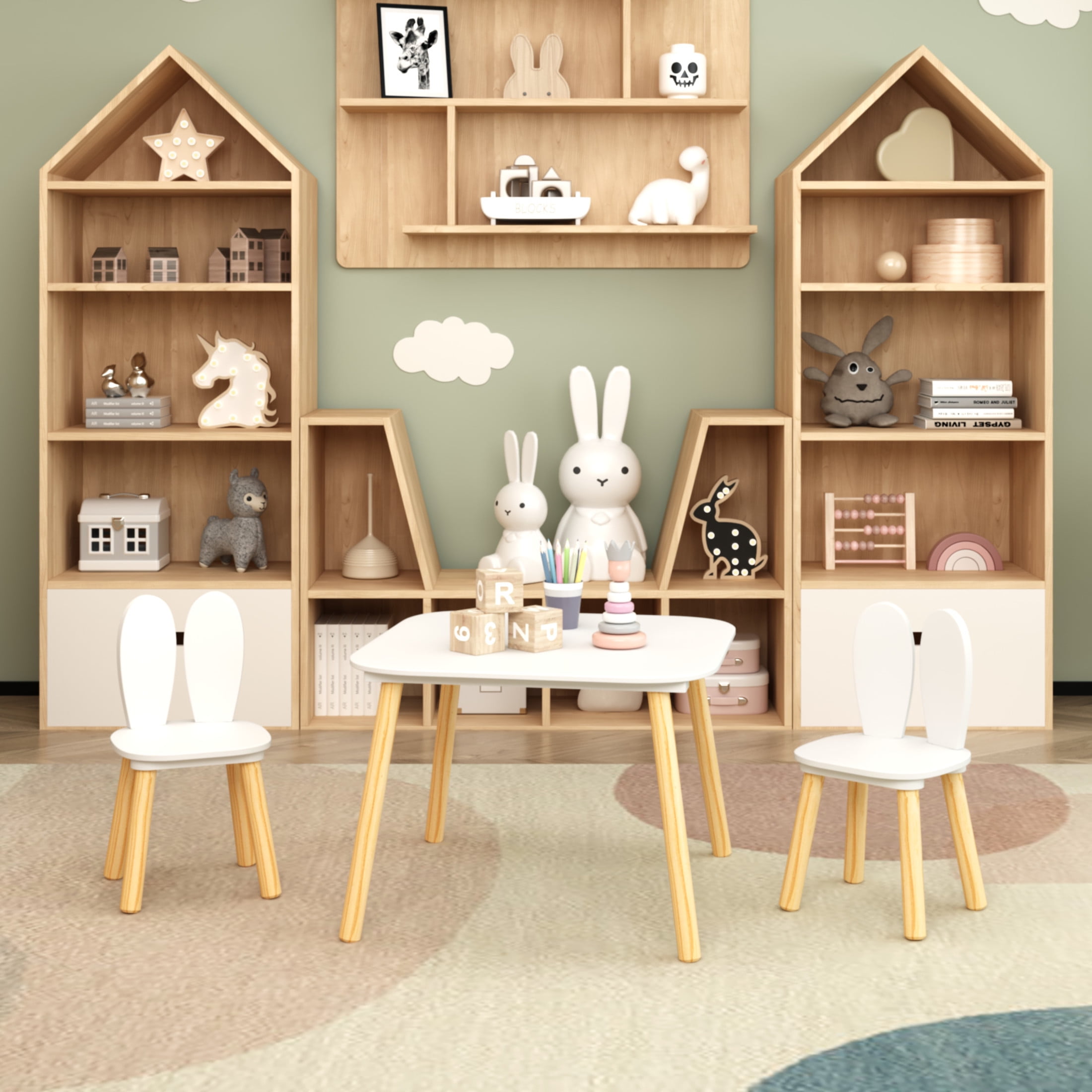 Noble House Kova Kids Table and 2 Rabbit Chairs Set, 3-Piece Wooden Toddler Activity Play Table Set for Bedroom, White