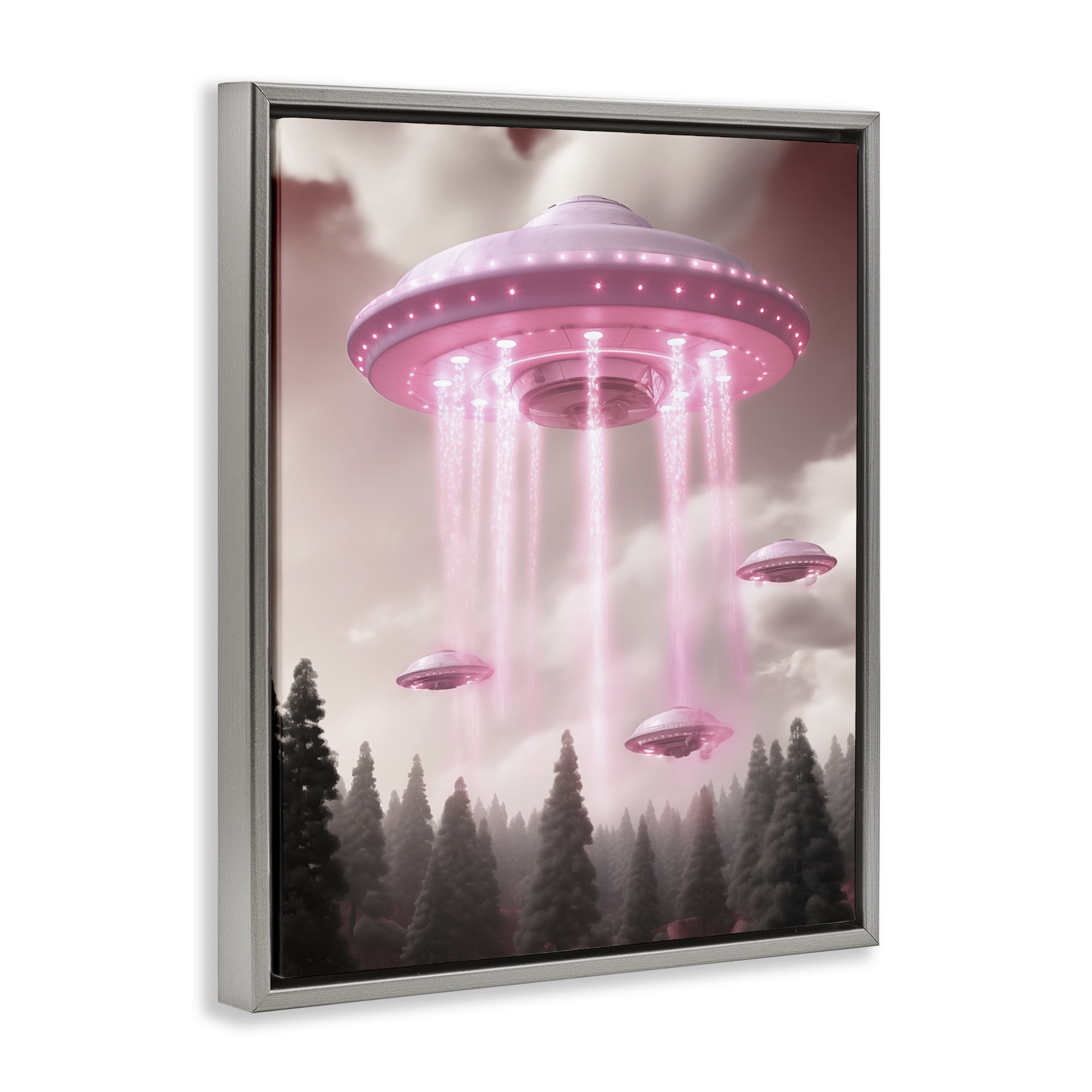 Glam UFO with Pink Beams Gray Framed Floater Canvas Wall Art, design by Sasha