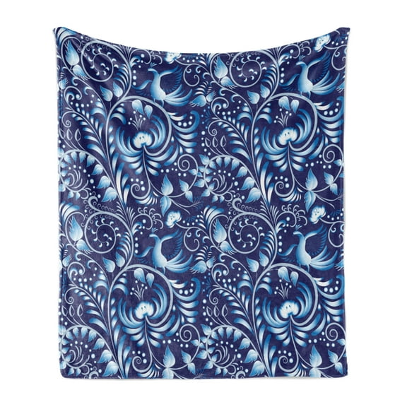 Navy Soft Flannel Fleece Throw Blanket, Folk Chinese Design Inspired Floral Swirls Classic Image, Cozy Plush for Indoor and Outdoor Use, 60" x 80", Royal and Sky Blue, by Ambesonne