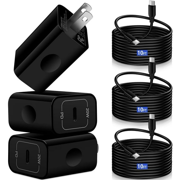 USB C Charger,AILKIN 20W PD 3PACK USB C Charger Block with 3PACK USB C Cables 10ft Type C Charger Fast Charging USB C Block Plug for Phone 15 Charger