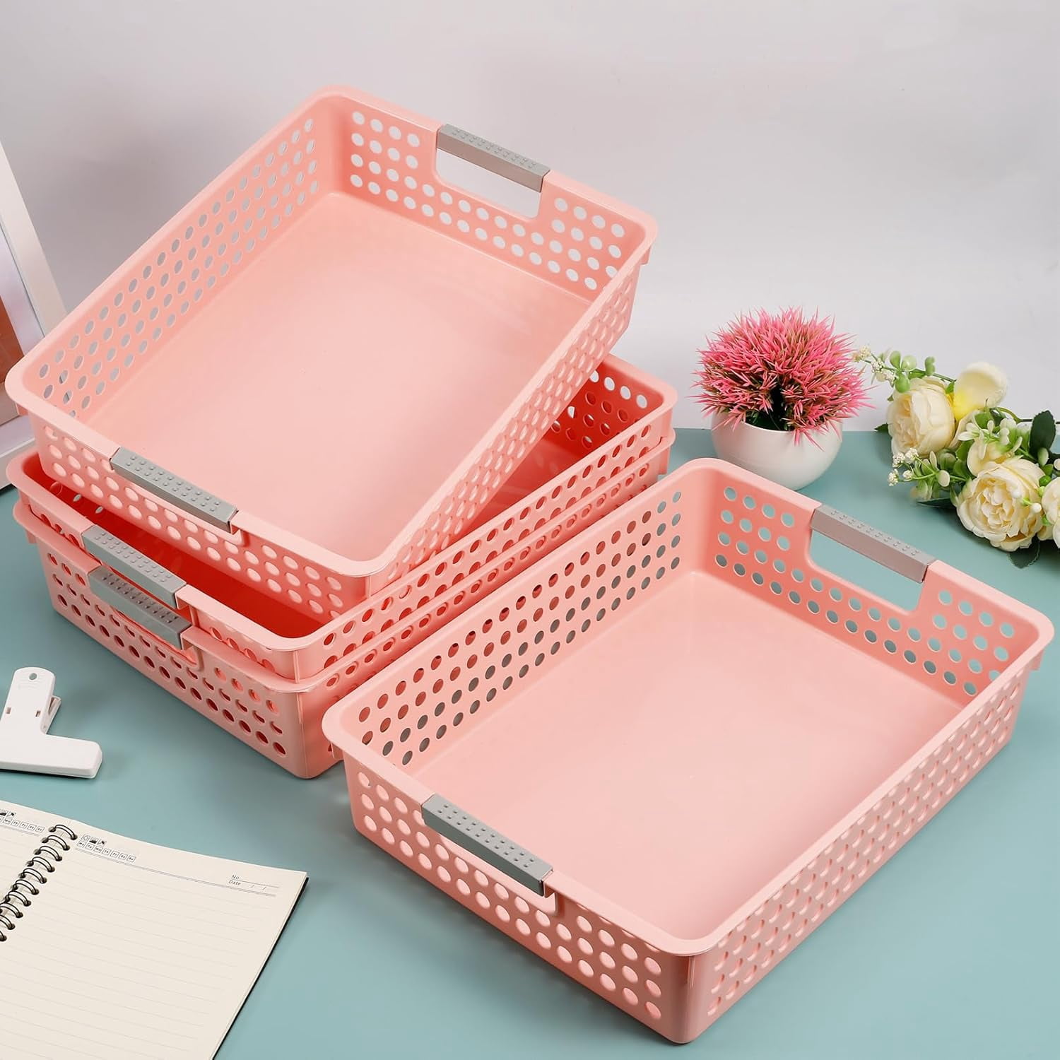 Turn in Trays Classroom,4 Pack Paper Trays for Classroom,Plastic Storage Baskets with Handles,Colorful Classroom Organization and Storage Paper Tray Holds for Drawers, Office, Home (Pink)