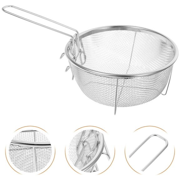 RUNROTOO 1Set Frying Basket with Handle for Deep Frying in Commercial Kitchens Silver Round Stainless Steel