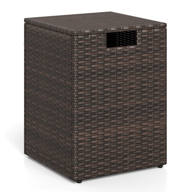 Costway Table de Couvercle pour Réservoir de Propane, Boîte de Rangement Carrée de 16 Pouces en Rotin PE pour Réservoir de Gaz avec Couvercle Rabattable Brun Mélangé