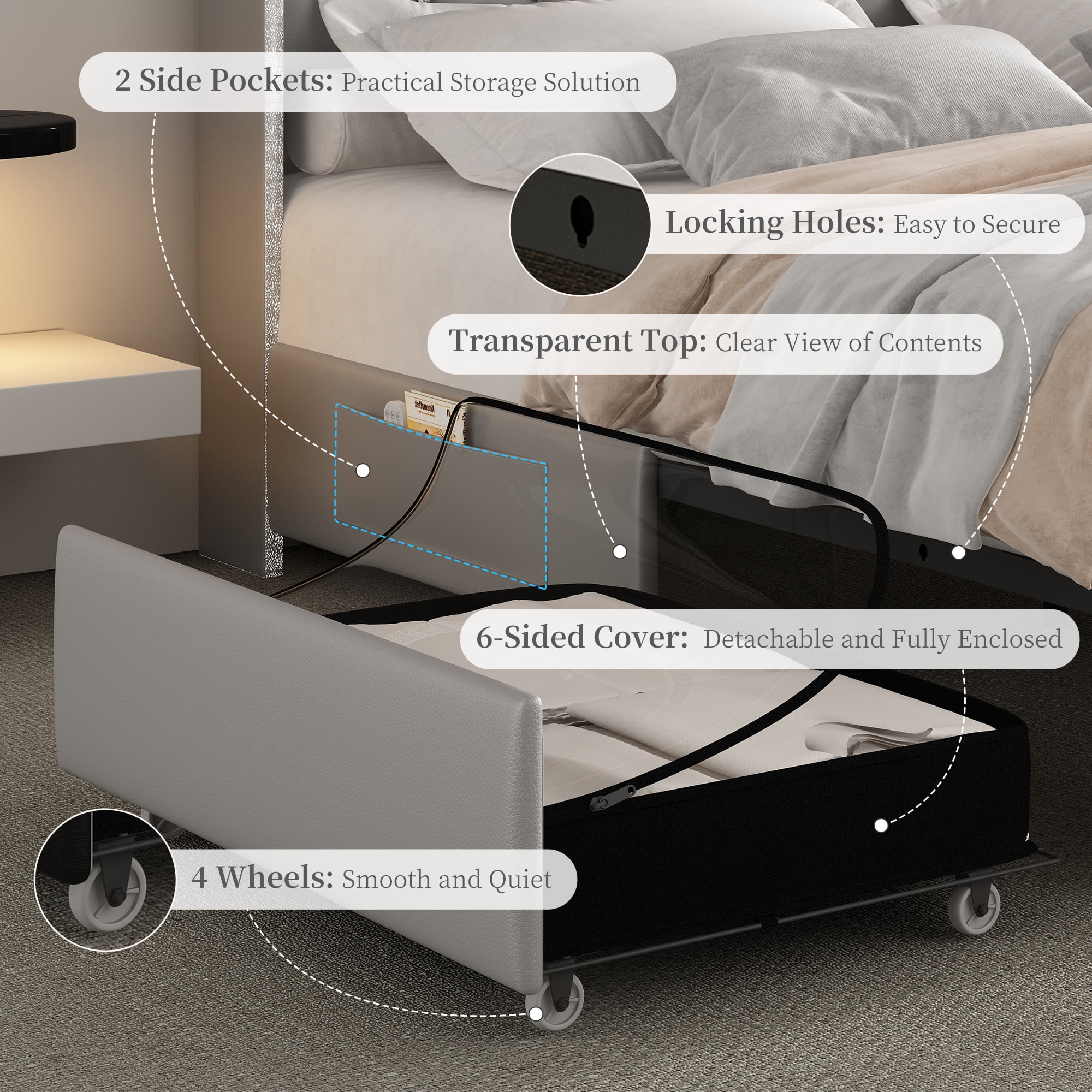 SIBEDS King LED Bed Frame with Galaxy Projector, Charging Station, 52" Headboard & 2 Drawers, Grey