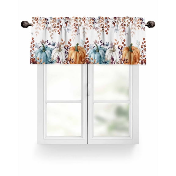 Rustic Fall Thanksgiving Kitchen Valances for Windows Orange Blue White Pumpkins Leaf Valance Curtains for Kitchen /Living Room/Bedroom/ Bathroom Decor, 42"x12 " ,Rod Pocket 1 Panel,