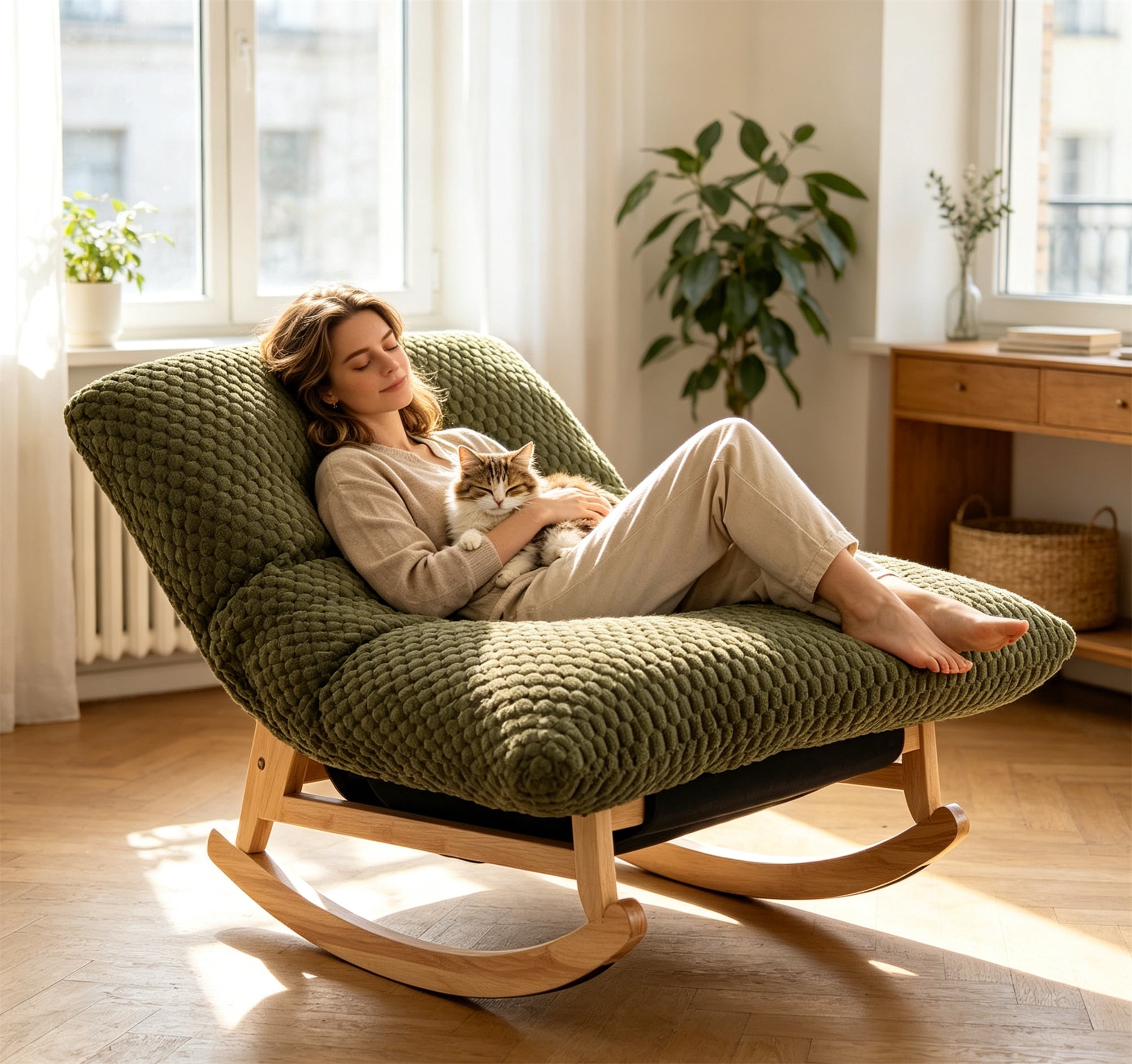 Aukfa 41" Oversized Wooden Rock & Chaise Lounge, 3 in 1 Convertible Glider Sofa Chair for Living Room Bedroom, Plush Cushion, Corduroy, Green