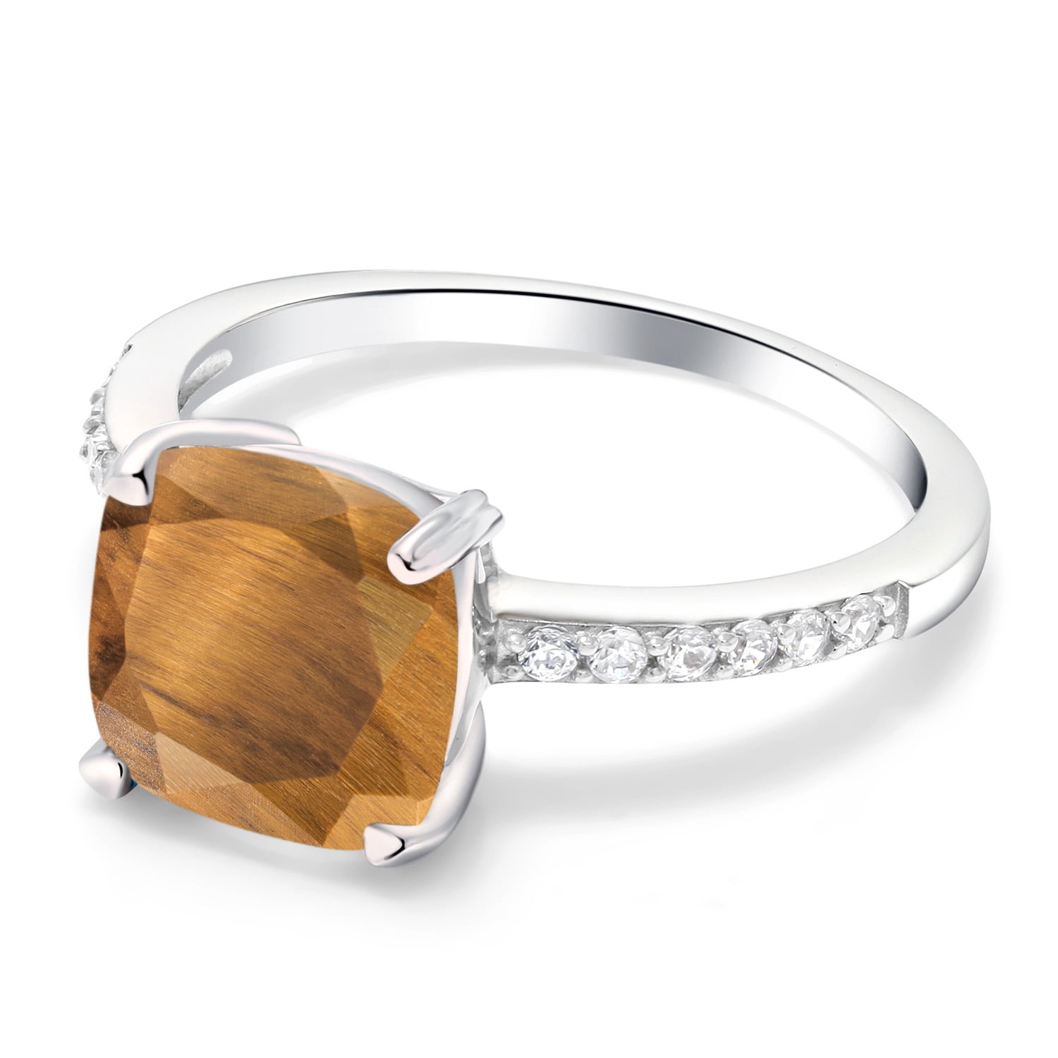 Gem Stone King 2.12 Ct Cushion Brown Tiger Eye 925 Sterling Silver Ring