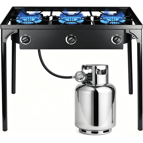 3 Burner Propane Gas Stove for Outdoor Cooking, 225,000 BTU Camping Cooker with Removable Legs, Temperature Control Knobs for Backyard Cooking, BBQ, Baking and Frying