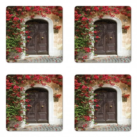 

Moroccan Coaster Set of 4 Old Wooden Door Surrounded by Flowers European Medieval Entrance Italy Square Hardboard Gloss Coasters Standard Size Multicolor by Ambesonne