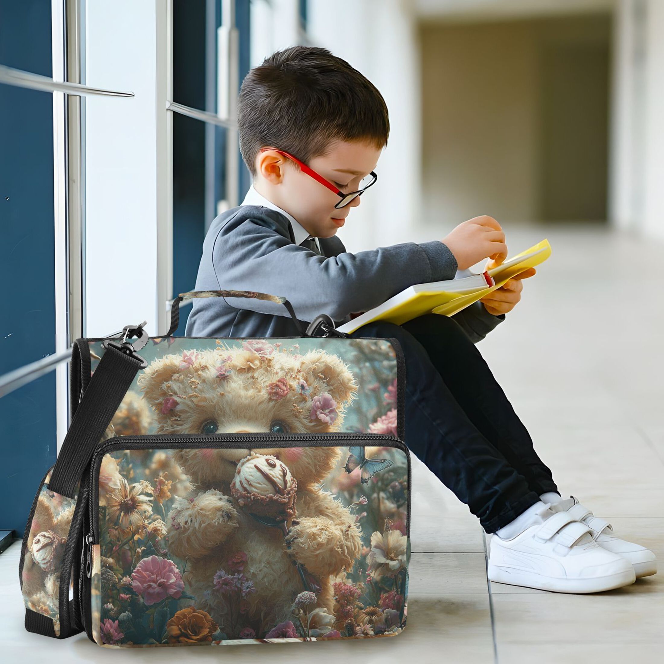 3 Ring Zipper Binder with Shoulder Strap Waterproof Trapper Keeper 2 Inch D-Ring 500 Sheets Capacity Cute Bear Eat Ice Cream