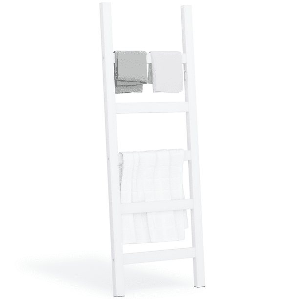 Ballucci Blanket Ladder, 5 Tier Wood Leaning Towel Rack and Quilt