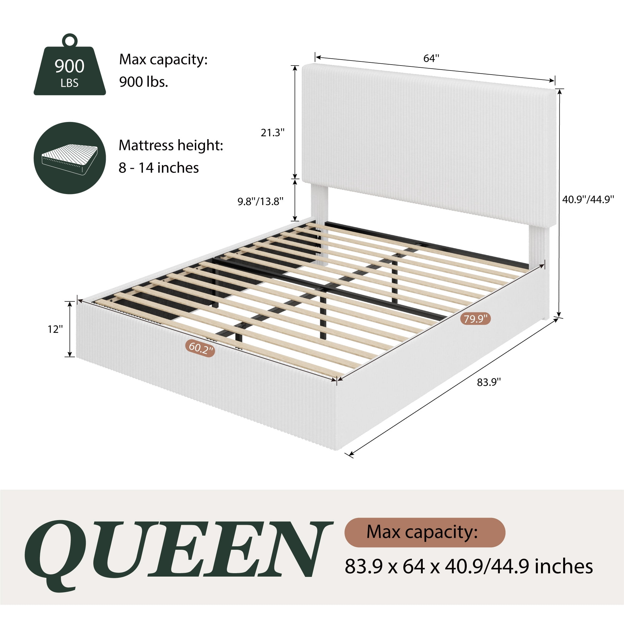 Amolife Queen Size Upholstered Platform Bed Frame with Adjustable Height Headboard, Noise-Free, White