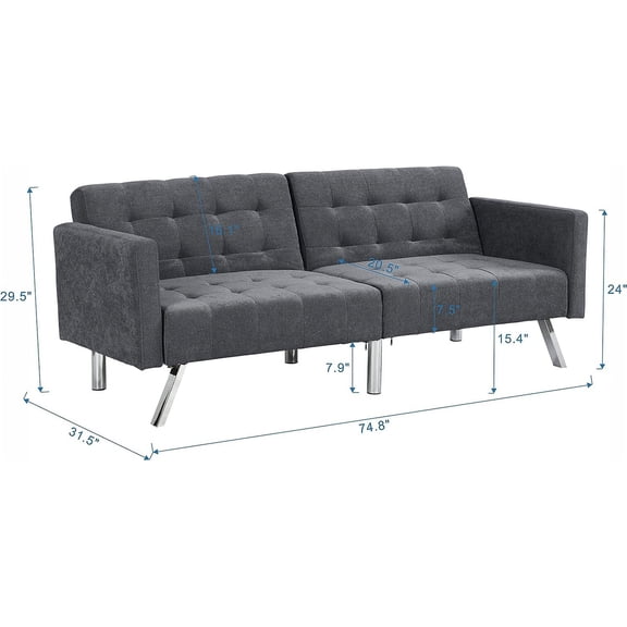 75" Convertible Folding Futon Sofa Bed, Split Back Design, Modern Fabric Sleeper Couch with Chrome Legs, Ideal for Living Room, Apartment, Dorms and Office (Dark Grey)