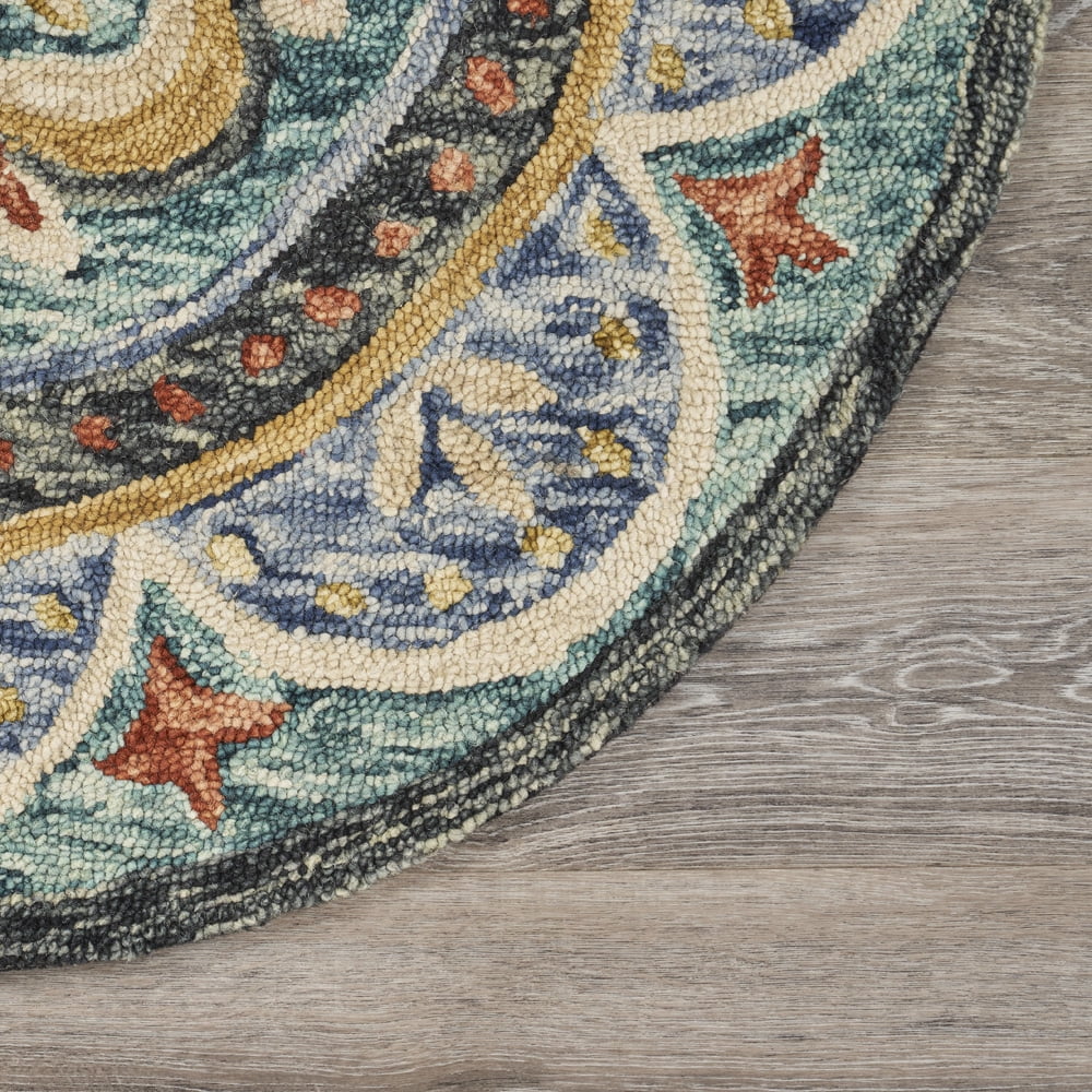 Ox Bay Elisa 4' Round Blue/Black Floral Medallion Indoor Area Rug