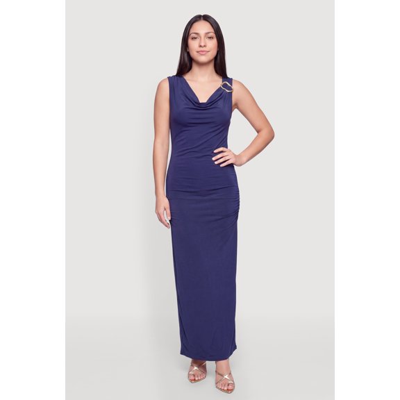 Women's Metallic Detail Cowl Neck Side Ruched Maxi Dress
