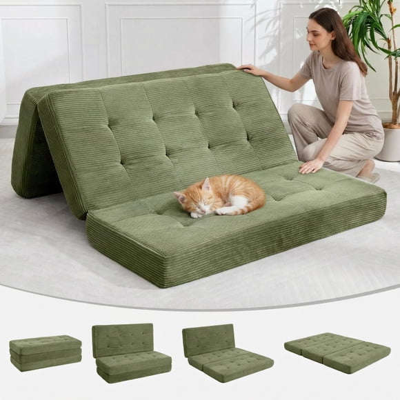 Canapé-lit en Velours Côtelé à Trois Volets – Matelas Pliant de 6 Pouces d'Épaisseur, Futon Convertible Format Double/Simple, Lit d'Appoint de Soutien pour Salon, Chambre, Camping, Conception Portable, Vert