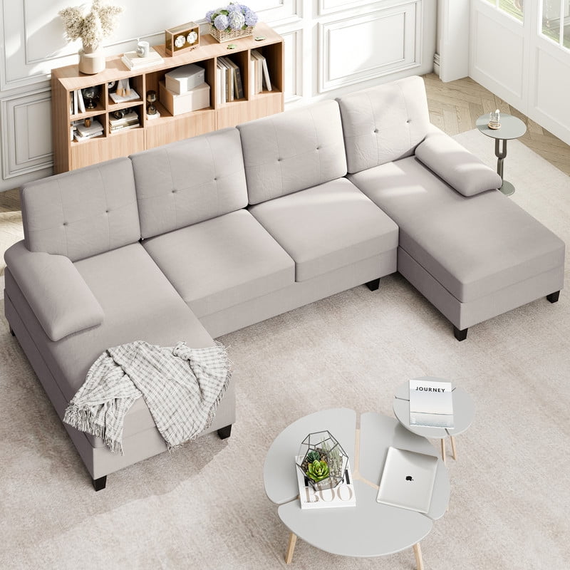 Walsunny U-Shaped Sectional Sofa Couch, 4 Seat U Shaped Oversized Clearance Sofa Set with Double Chaise for Living Room, Beige