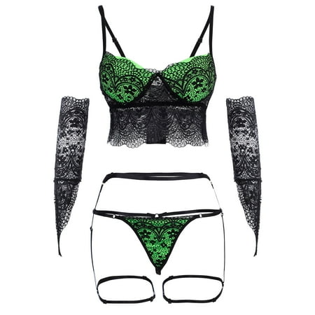 

nsendm 5-piece Women Lace Guipure Sexy Garter Suit Lingerie Colorblock Lace Frontal Glue Set Underwear Black Medium