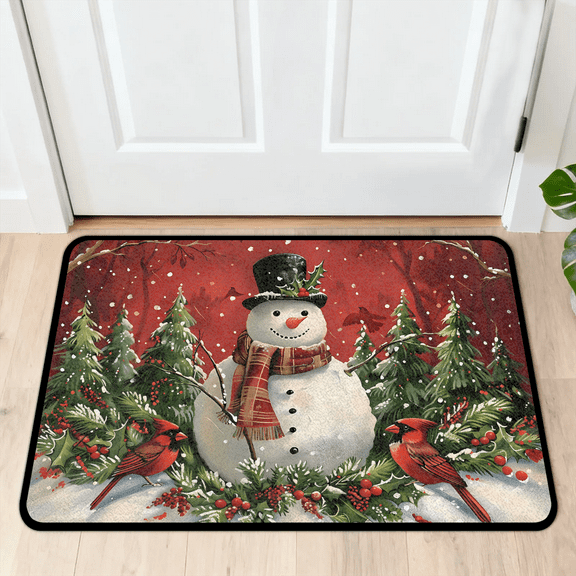 CURLYOOT Christmas Snowman Indoor Doormat, Non-Slip Absorbent Door Mat 24" x 16", Red Bird Entrance Floor Mat Washable Entry Doormats for Entryway Front Back Door