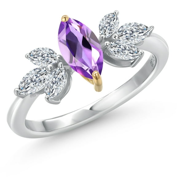 Gem Stone King 925 Silver and 10K Yellow Gold Purple Amethyst and Lab Grown Diamond Engagement Ring | 0.83 Cttw | Marquise 8X4MM and 4X2MM | Wedding Anniversary Promise Ring for Women | Size 5
