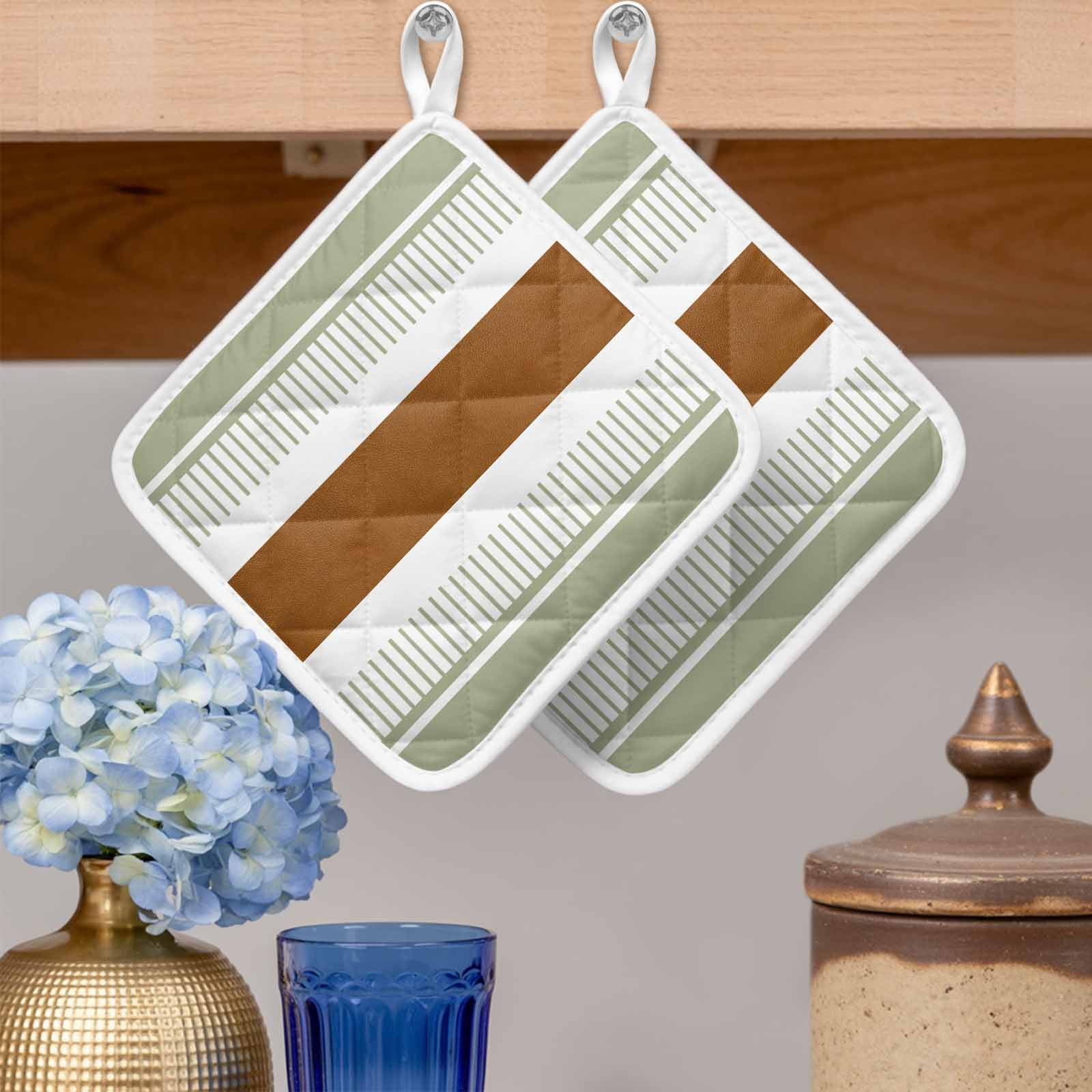Sage Green Farmhouse Pot Holders for Kitchen Heatproof Potholder, 5 Pack Green Brown Striped Hot Pads Multipurpose Oven Pads Cloth Potholders Trivet for Cooking Baking