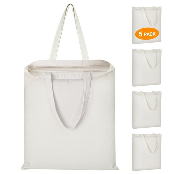 Xueyu 5-Pack Cotton Tote Bags, 15"x16" Reusable Grocery Shopping Bags with Top Zipper Closure, 10oz Blank Canvas Totes for DIY, Shopping, Travel & Daily Use