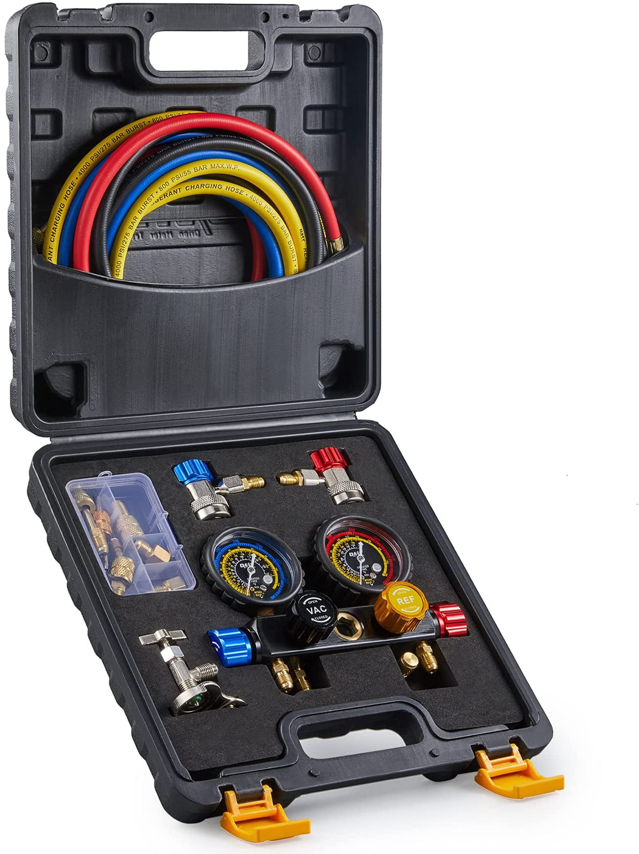 AC Manifold Gauge Set R410a R22 R134a w/Hoses Coupler Adapters Refrigeration Kit 