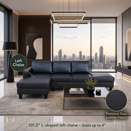 101.5" Faux Leather 2-Piece L-Shaped Sectional Sofa with Left Chaise & Ottoman, 4-Seater Modular Couch with High-Density Foam Cushions for Living Room Apartment, Black